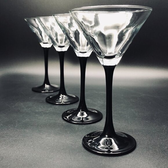80s Black Stem Martini Glass set of 4 Cosmopolitan Domino Vintage Barware - Picture 3 of 11